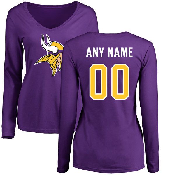 Women Minnesota Vikings NFL Pro Line Purple Custom Name and Number Logo Slim Fit Long Sleeve T-Shirt->nfl t-shirts->Sports Accessory